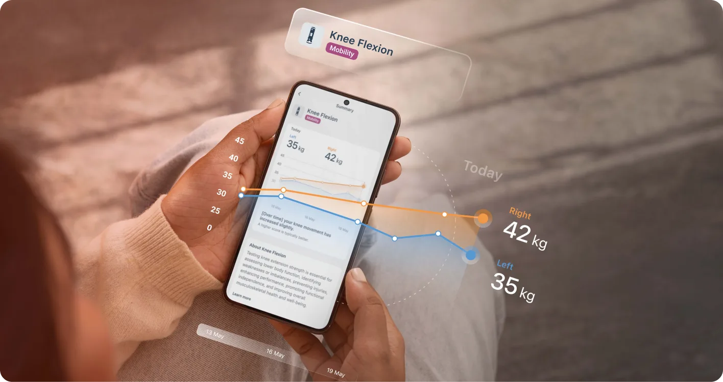Longitudinal tracking of patient’s DynaMo results, visualized and updated directly in the MoveHealth app.
