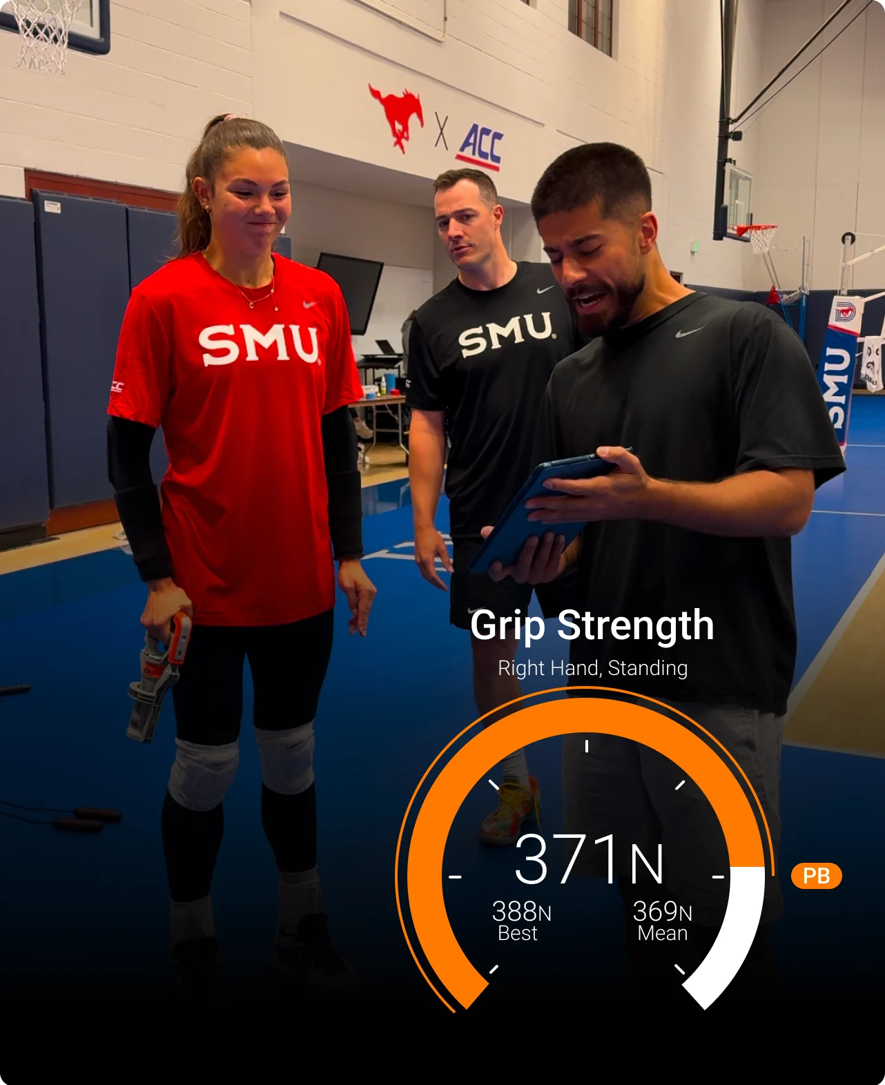 Pre-game grip strength assessment with DynaMo to assess overall readiness.