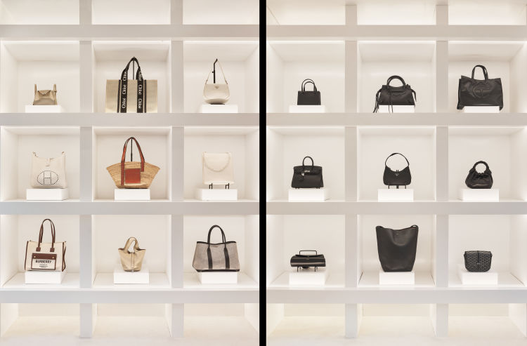 TRR-The-Real Real-Mythology-Retail-Design-NYC-301-Canal-Street-Pop-Up-Luxury-Bags-Shelving-Space-Colorful-Black