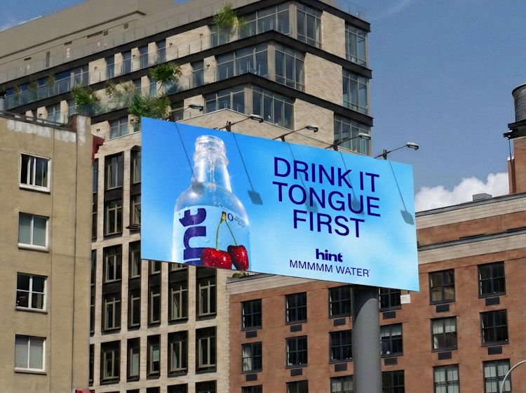 hint-water-mythology-cherry-flavor-water-bottle-2026-rebrand-branding-OOH-outdoor-advertising-drink-it-tongue-first