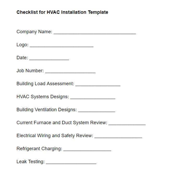 Checklist for HVAC Installation Template (Free Download)