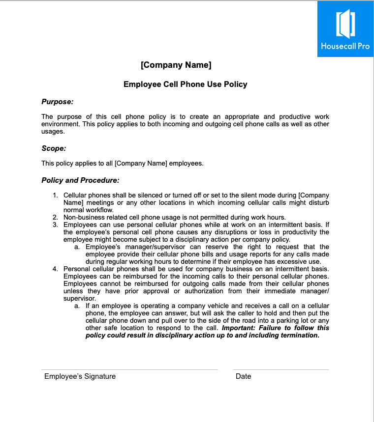 Cell Phone Policy Template Housecall Pro