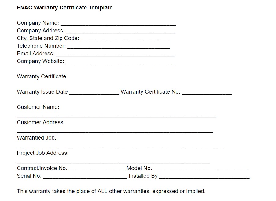 HVAC Warranty Certification Template