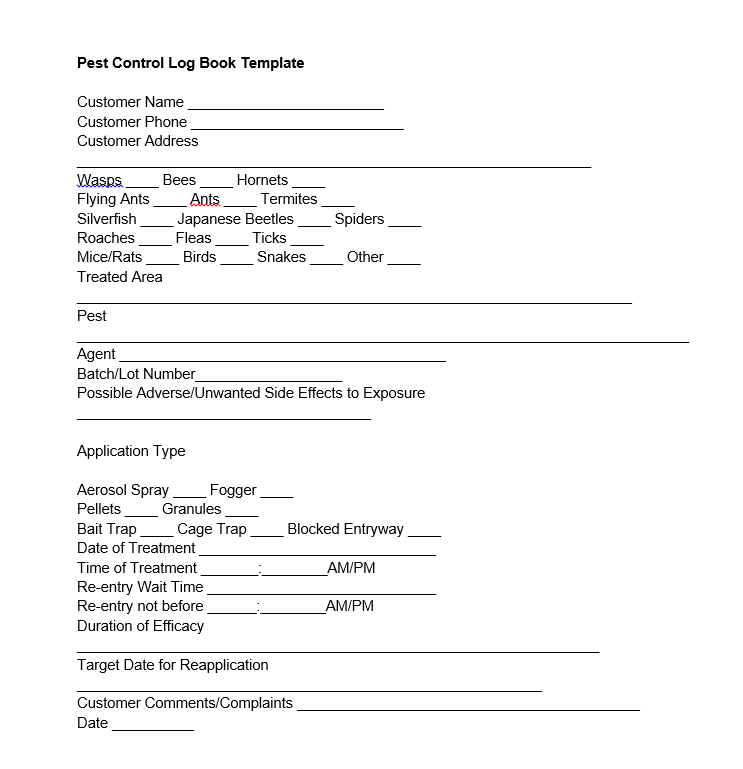 Pest Control Log Template