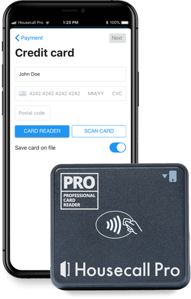 Easily take credit card processing with low transaction fees using Housecall Pro's card reader.