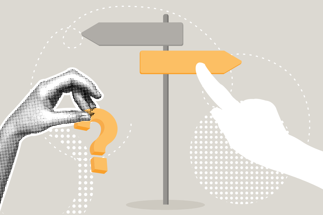 One hand holding a question mark, another hand pointing to a direction sign. Represents uncertainty and decision making.