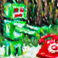 Green robot crushing red phone