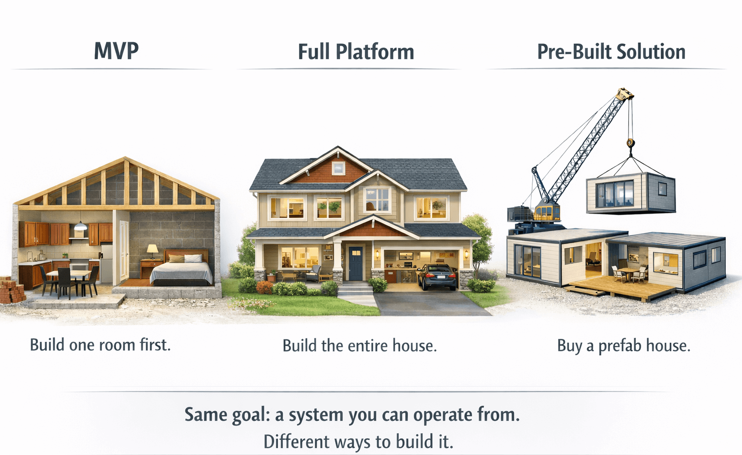 Housing analogy comparing logistics MVP, full platform development, and pre-built freight software solutions