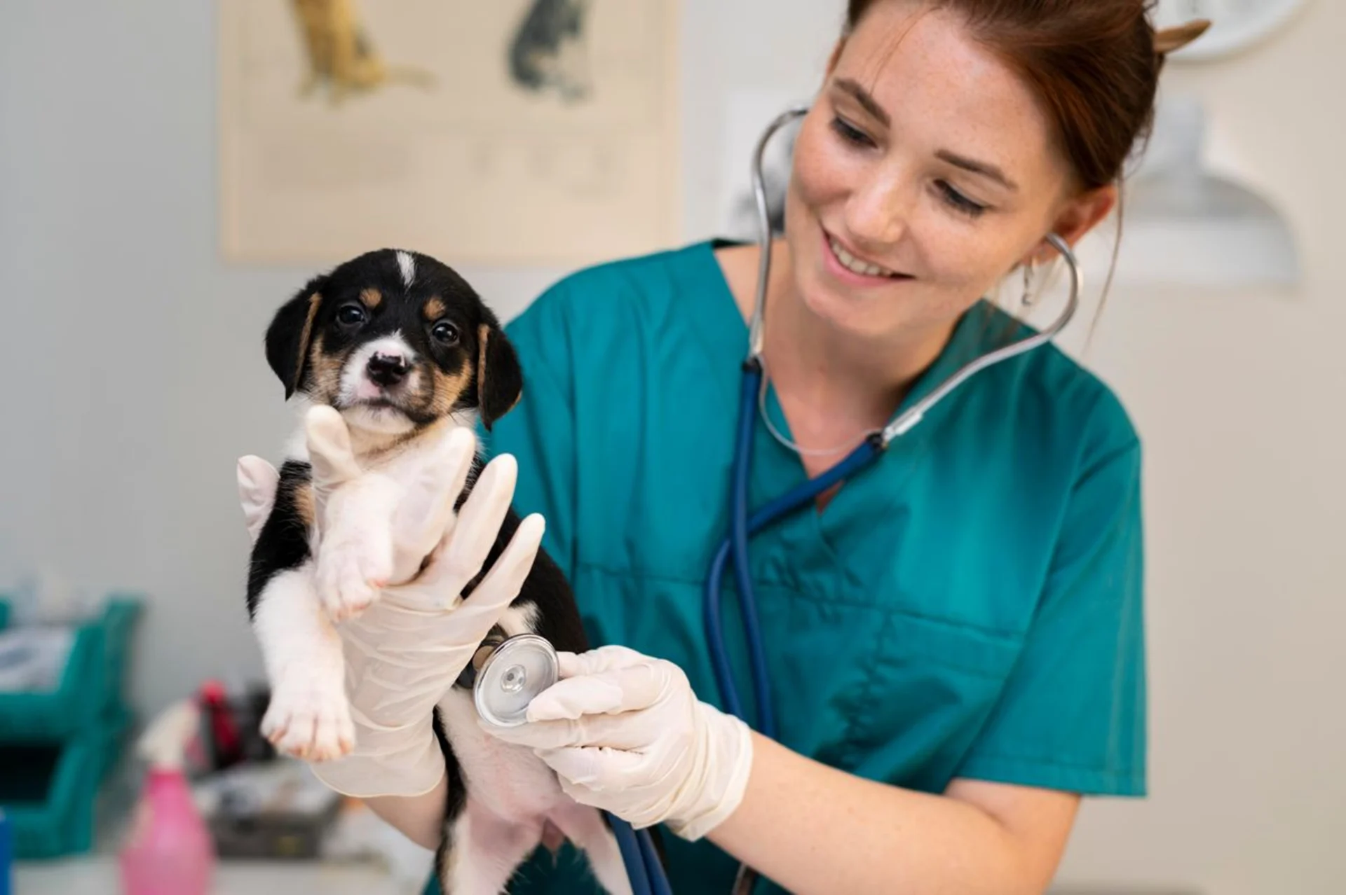 Veterinarian holding a puppy being affectionate.