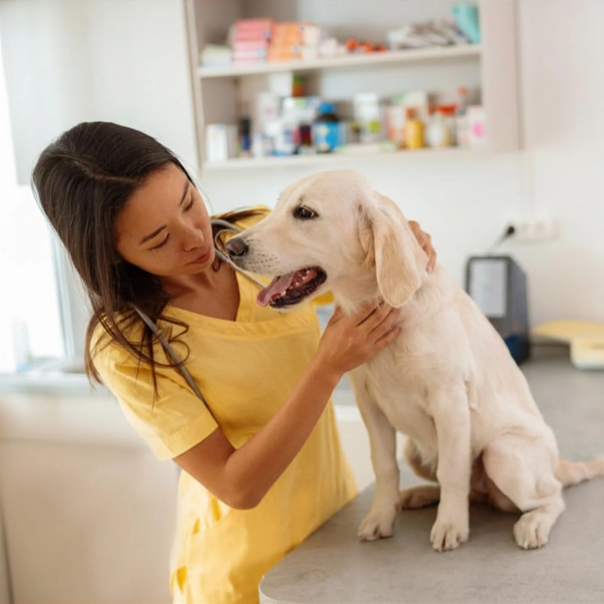 staff with dog on table