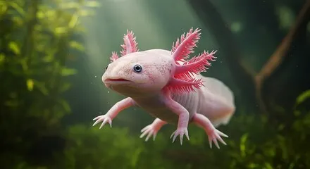 A leucistic Axolotl (Mexican Walking Fish) floating gracefully in an aquatic environment with its characteristic pink feathery external gills.