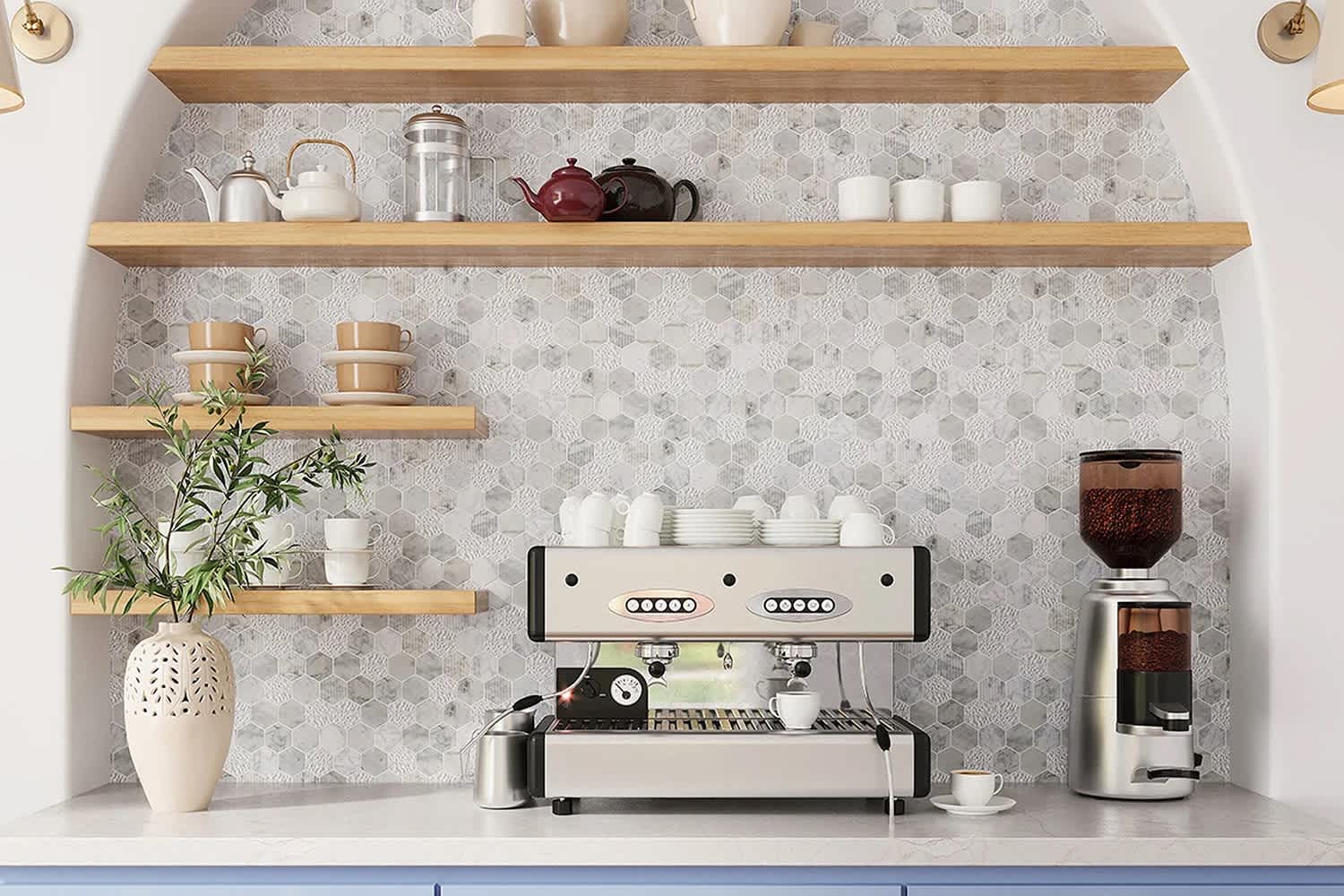 Beautifully organized home coffee bar with white cabinetry, open shelving displaying mugs, and an espresso machine.