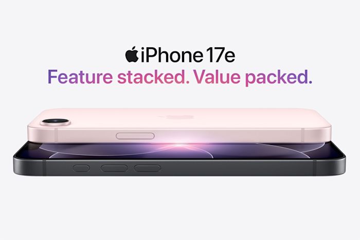 iPhone 17e in soft pink and black color with heading reading "Feature stacked. Value packed."