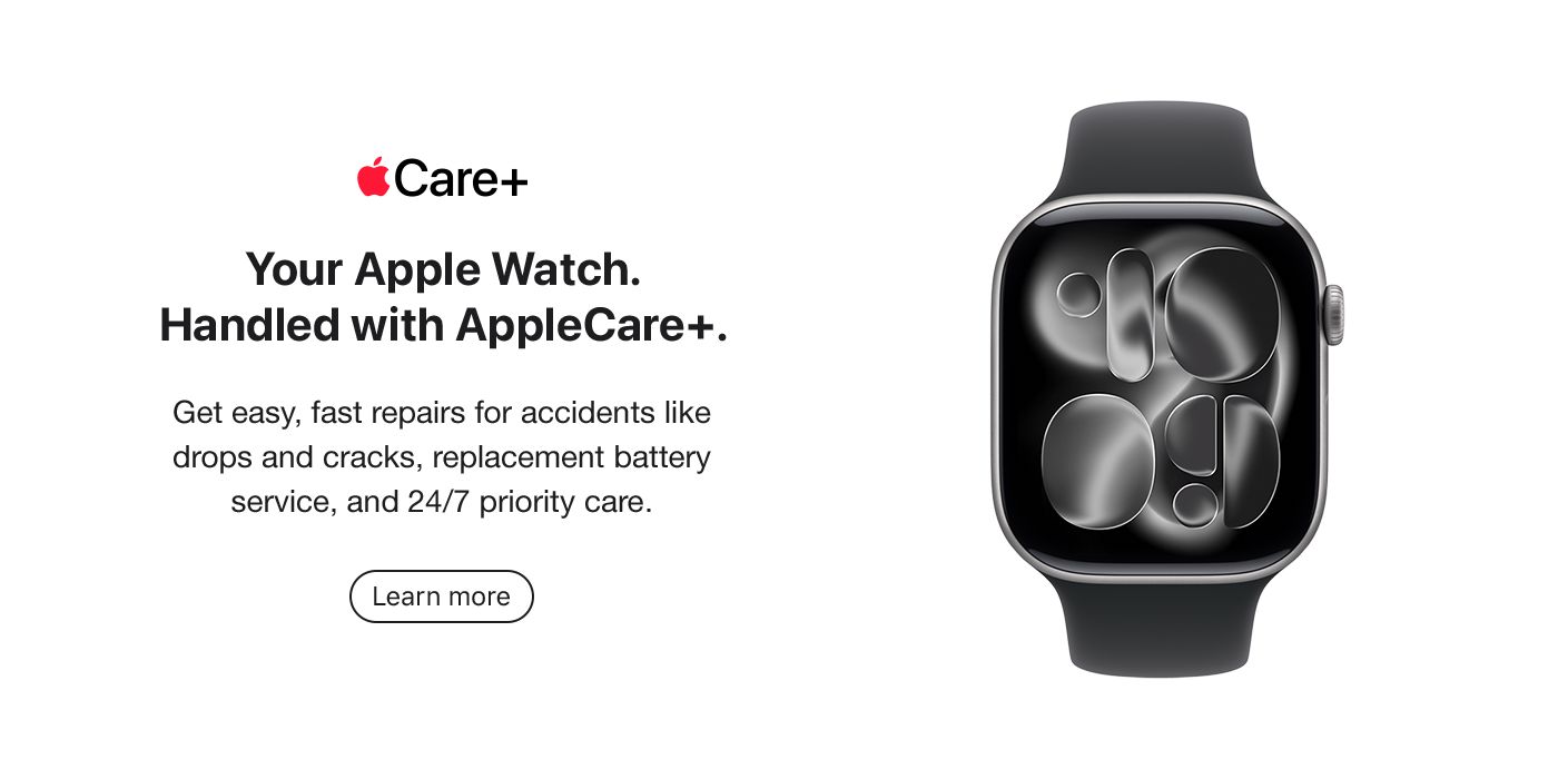 AppleCare+ promotional banner featuring Apple Watch with black band and abstract fluid watch face with headline Your Apple Watch Handled with AppleCare+