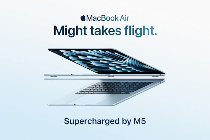 Silver MacBook Air on blue gradient background. Headline "Might takes flight. Supercharged by M5"