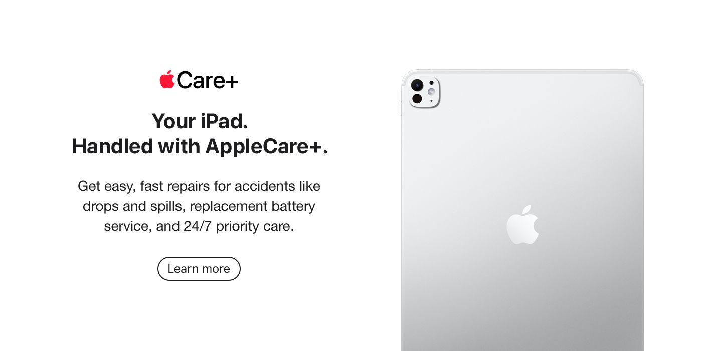 AppleCare+ promotional banner featuring iPad Pro back view with headline Your iPad Handled with AppleCare+