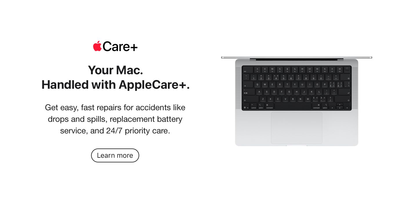 AppleCare+ promotional banner featuring MacBook Pro top view with keyboard and headline Your Mac Handled with AppleCare+