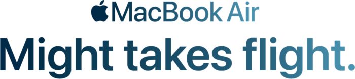 Apple logo followed by “MacBook Air” and the tagline “Might takes flight.” in large blue typography.