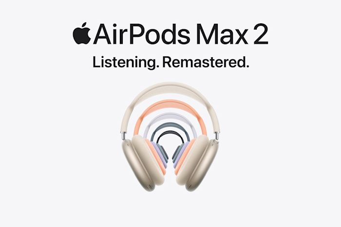 Multiple, colorful AirPod Max set up in a tunnel with the title AirPods Max 2 "Listening. Remastered."