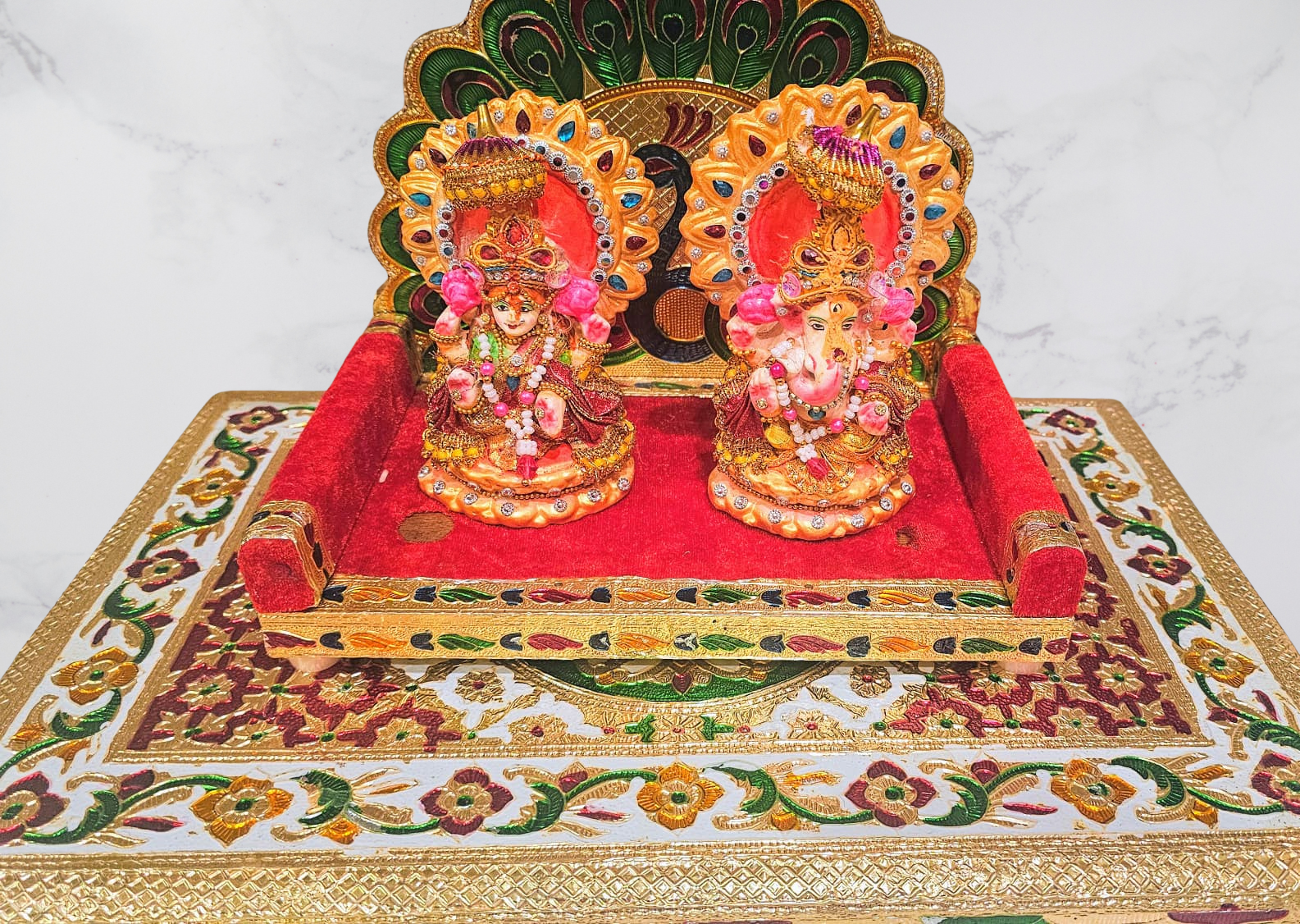Golden Peacock Lakshmi Ganesha Pooja Altar with Peeta