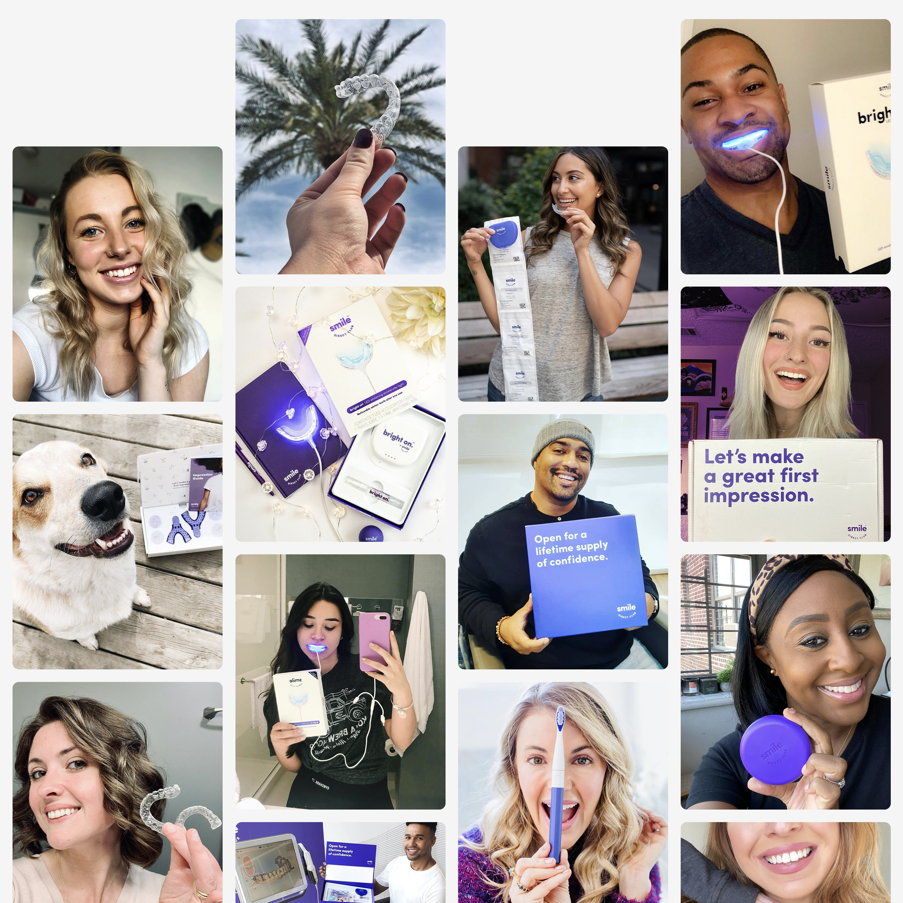 Collage of SmileDirectClub customers holding aligners, impression kit and SDC products