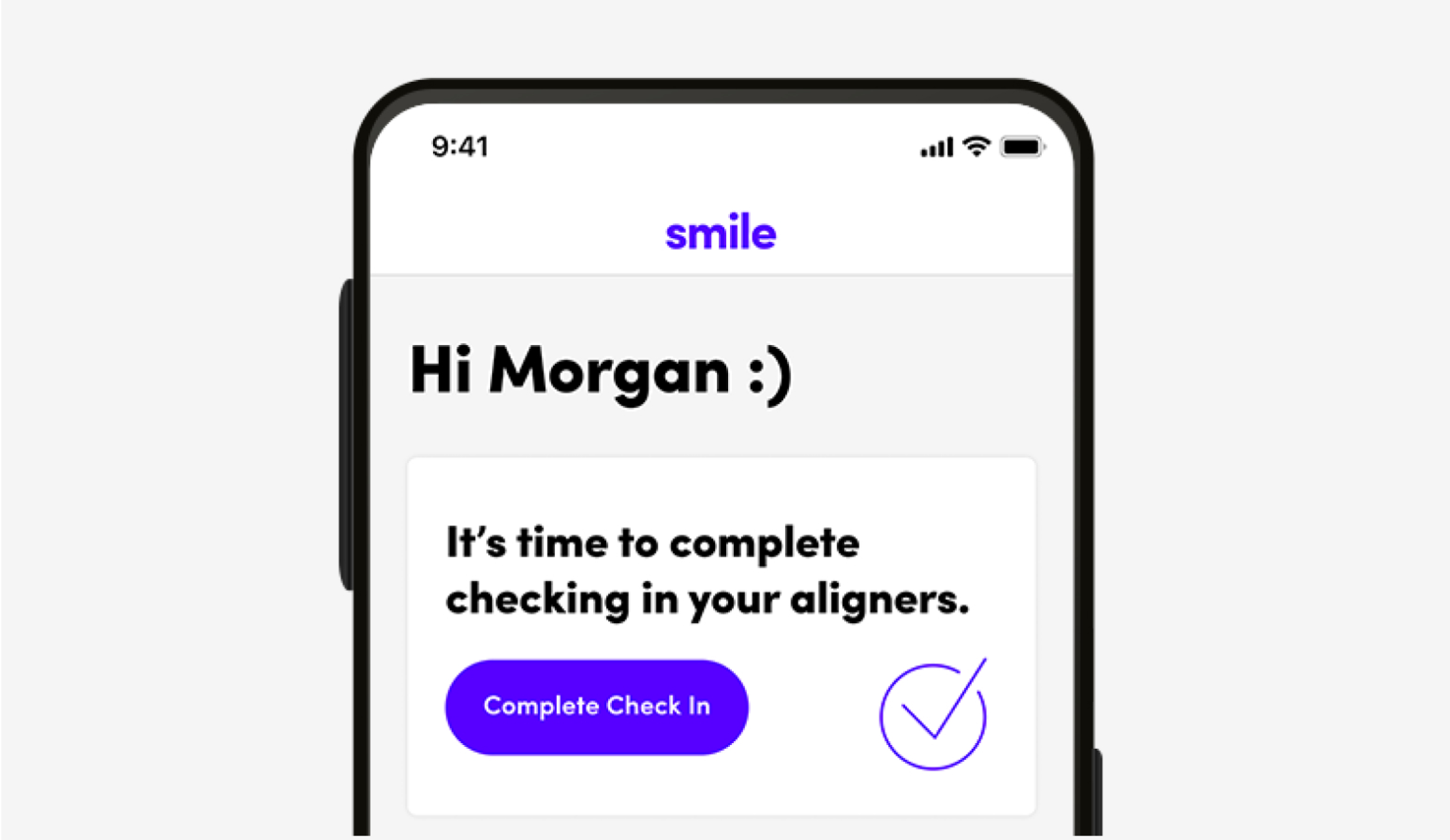 Top of a phone with a SmileDirectClub app aligner check in screenshot