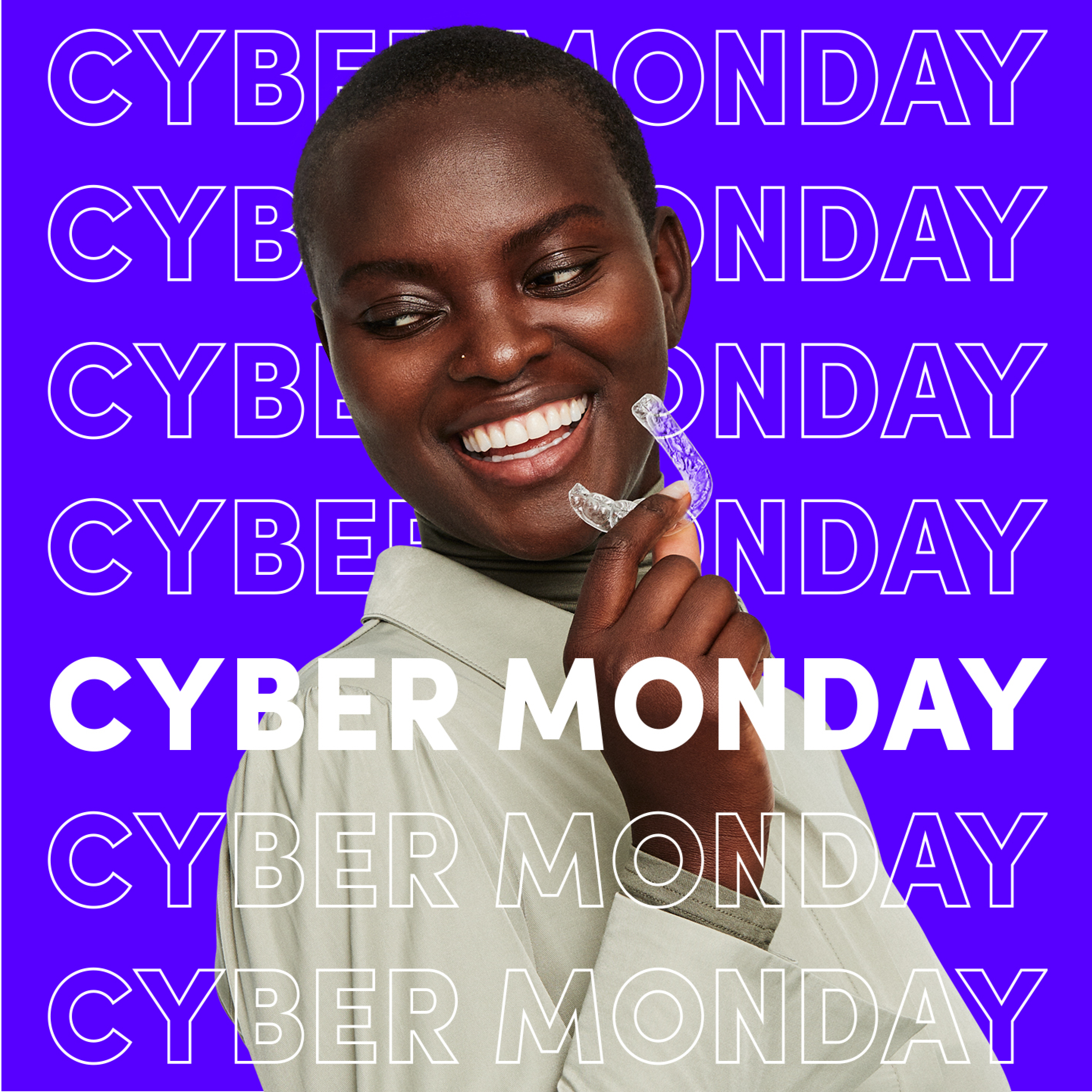 Cyber Monday 2021 - Smiling woman holding smiledirectclub aligner with cyber monday pattern on purple background
