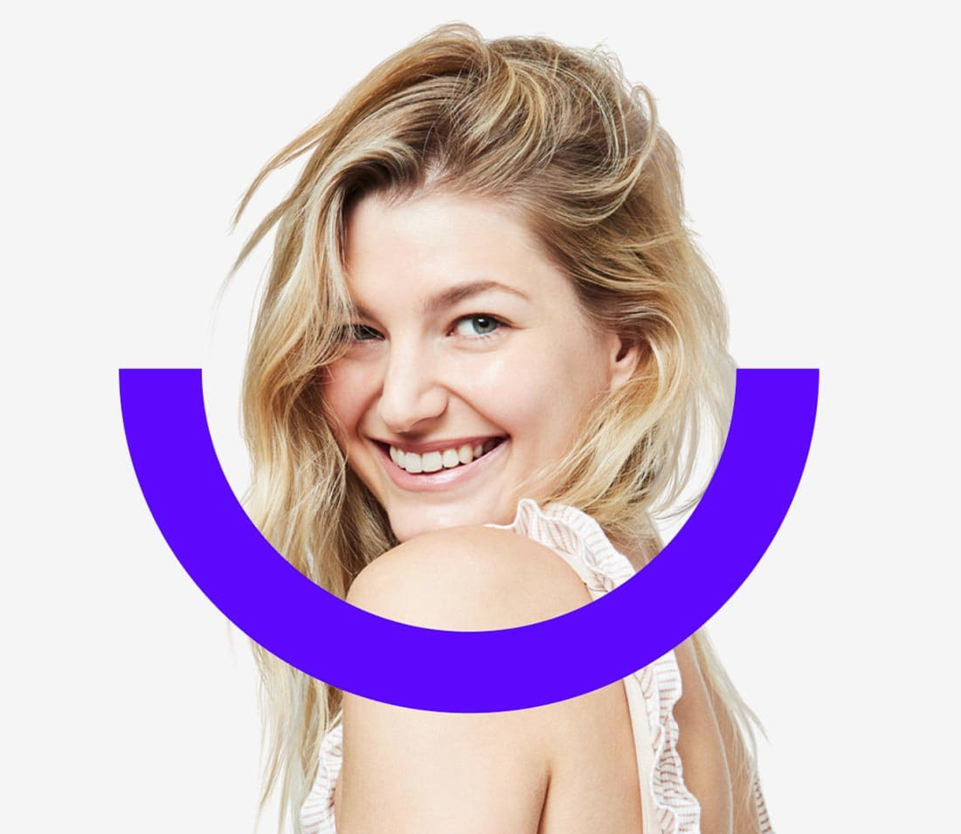 Smiling blonde woman on white blouse looking sideway with blurple semi circle in front
