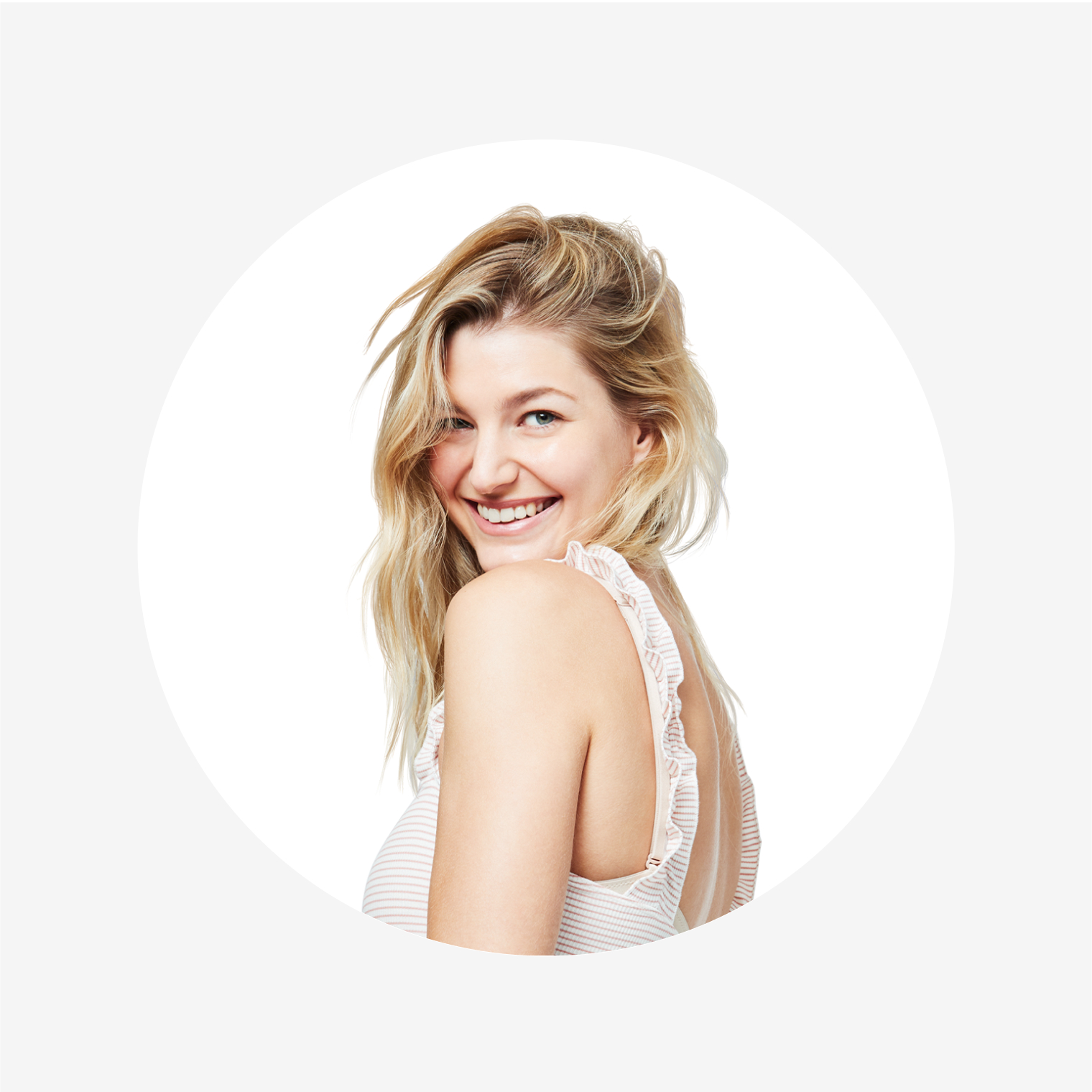 Blonde woman smiling in a white circle and grey background