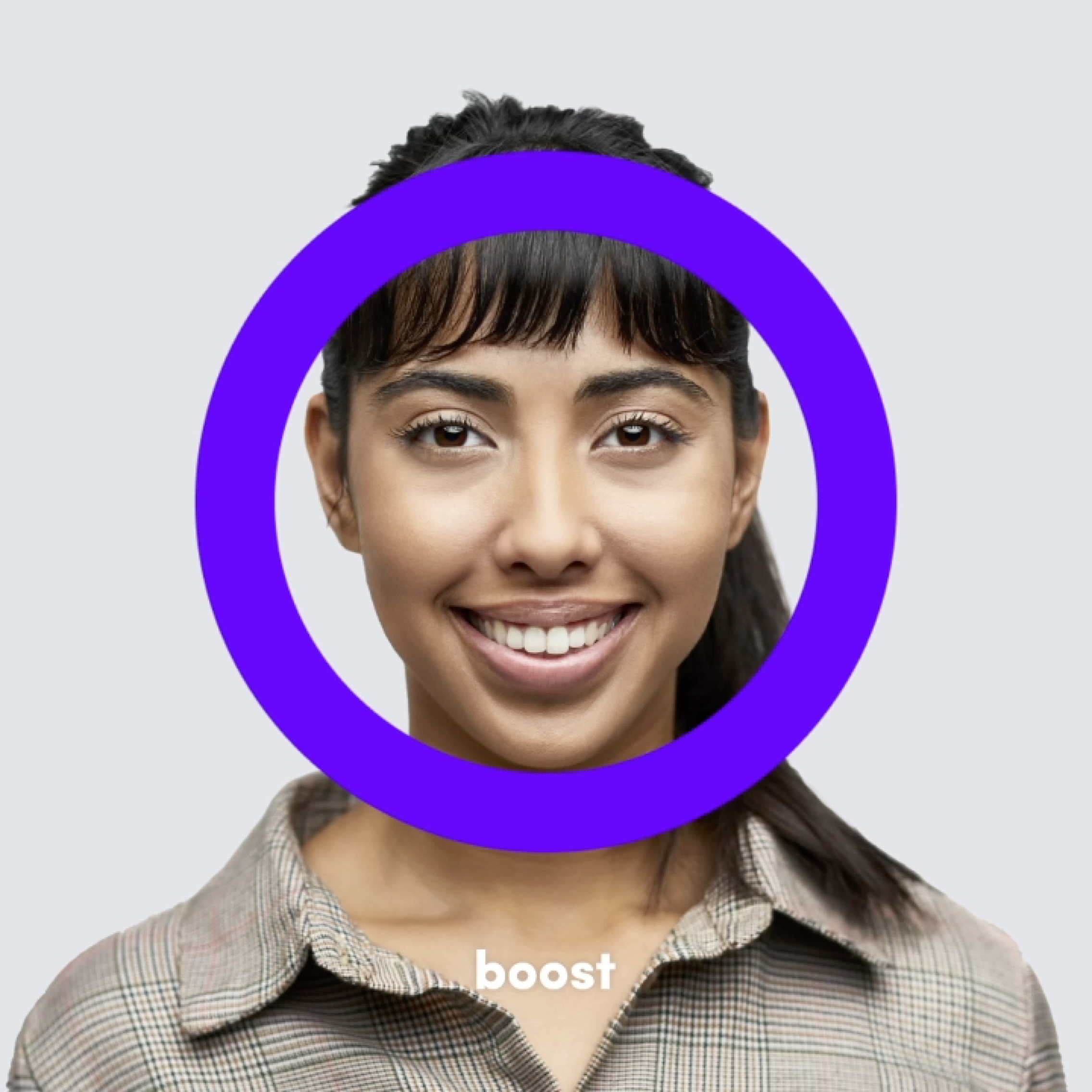 Smiling woman with bangs and beige blouse with purple circle in front of her face - Boost