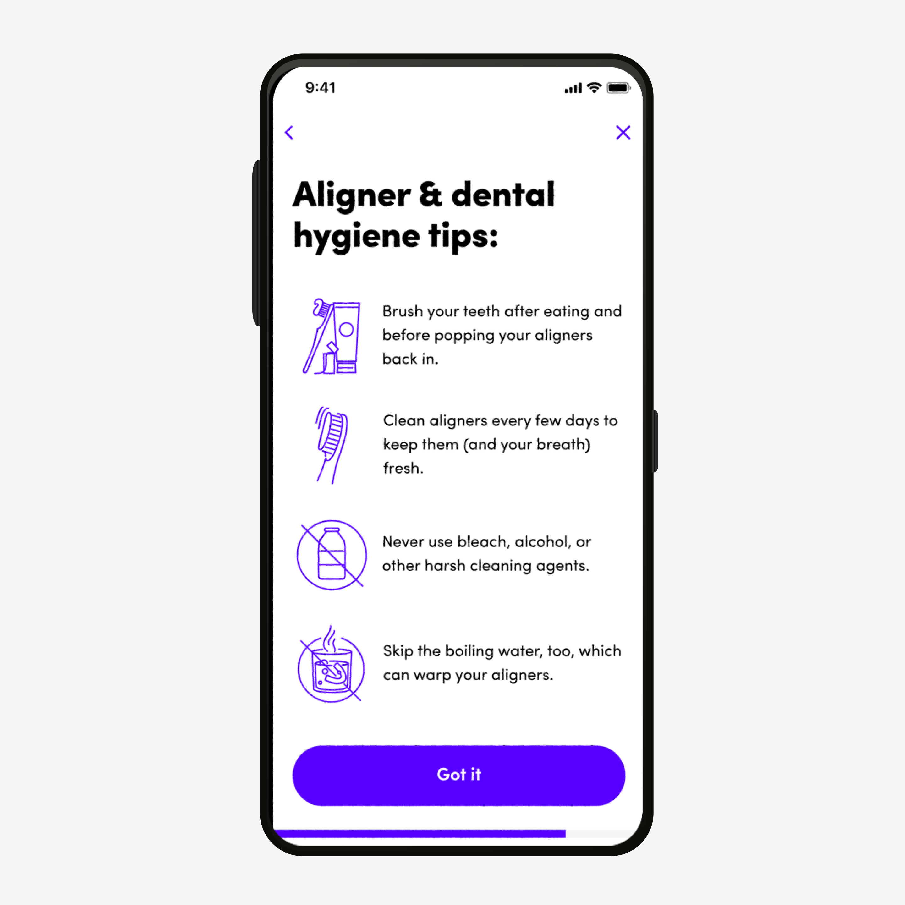iphone open to the "aligner and dental hygiene tips" page on the smiledirectclub app