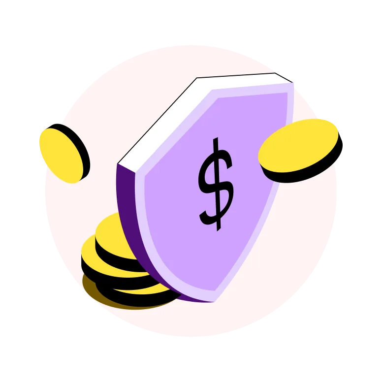 A shield with dollar sign on it, surrounded by coins floating around