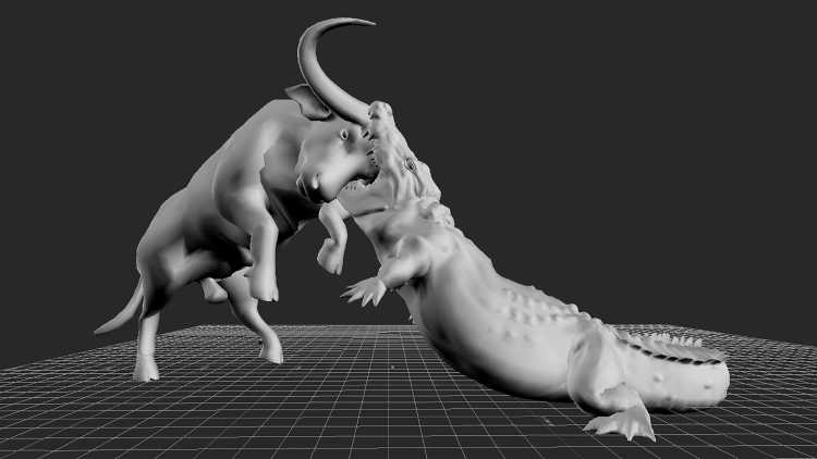 3D rendering of a crocodile attacking a bull. 