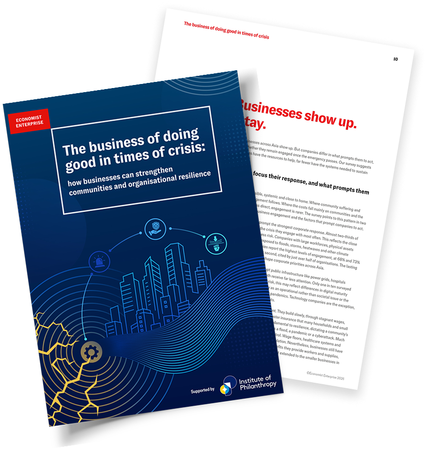 Cover of the Economist Enterprise briefing paper titled 'The business of doing good in times of crisis', displayed as a physical booklet mockup
