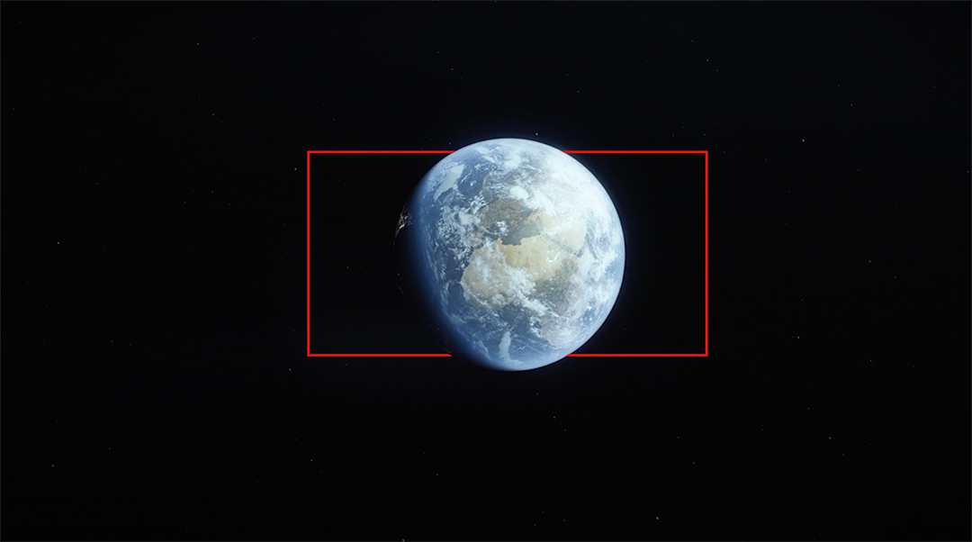 A realistic view of planet Earth from space, centered within a thin red rectangular frame against a black, star-speckled background.