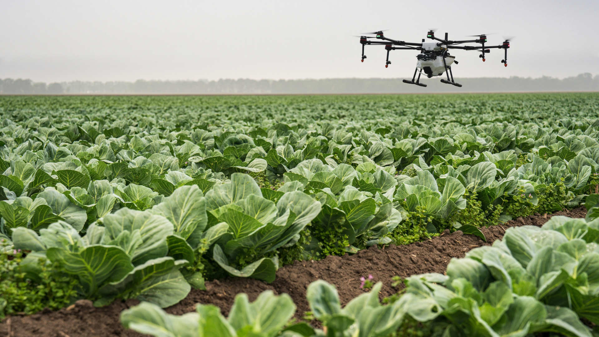 Field of cabbages and a drone above it