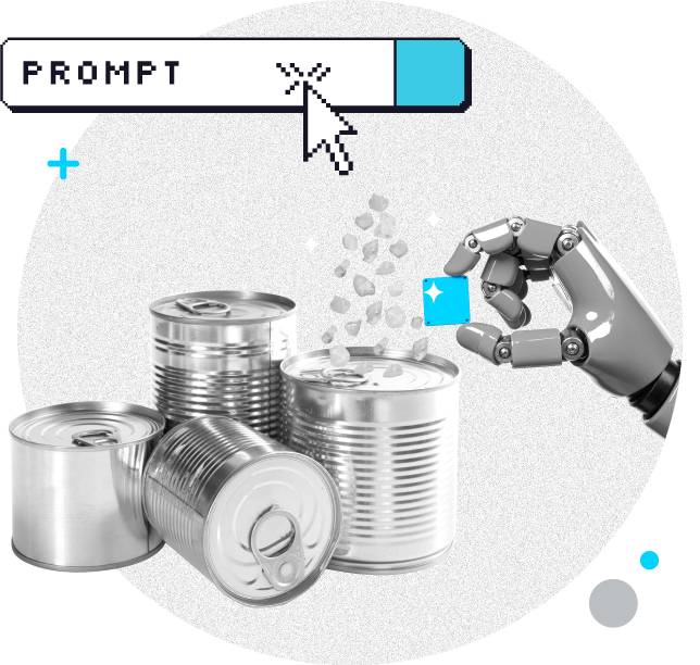 A collage illustration of a robotic hand holding a blue chip above tin cans, while a digital cursor clicks a bar labeled PROMPT at the top left.