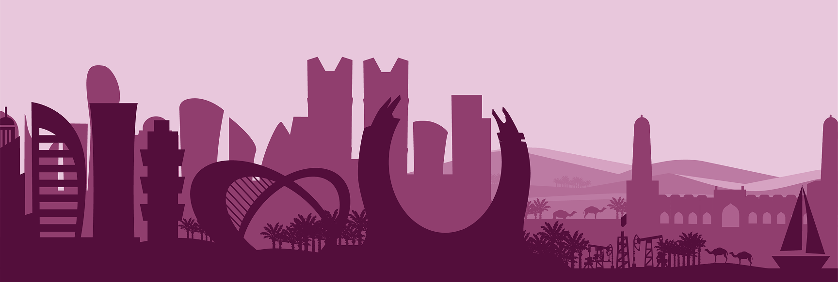 Silhouette vector illustration of the Doha, Qatar skyline with stylized global trade pathways.