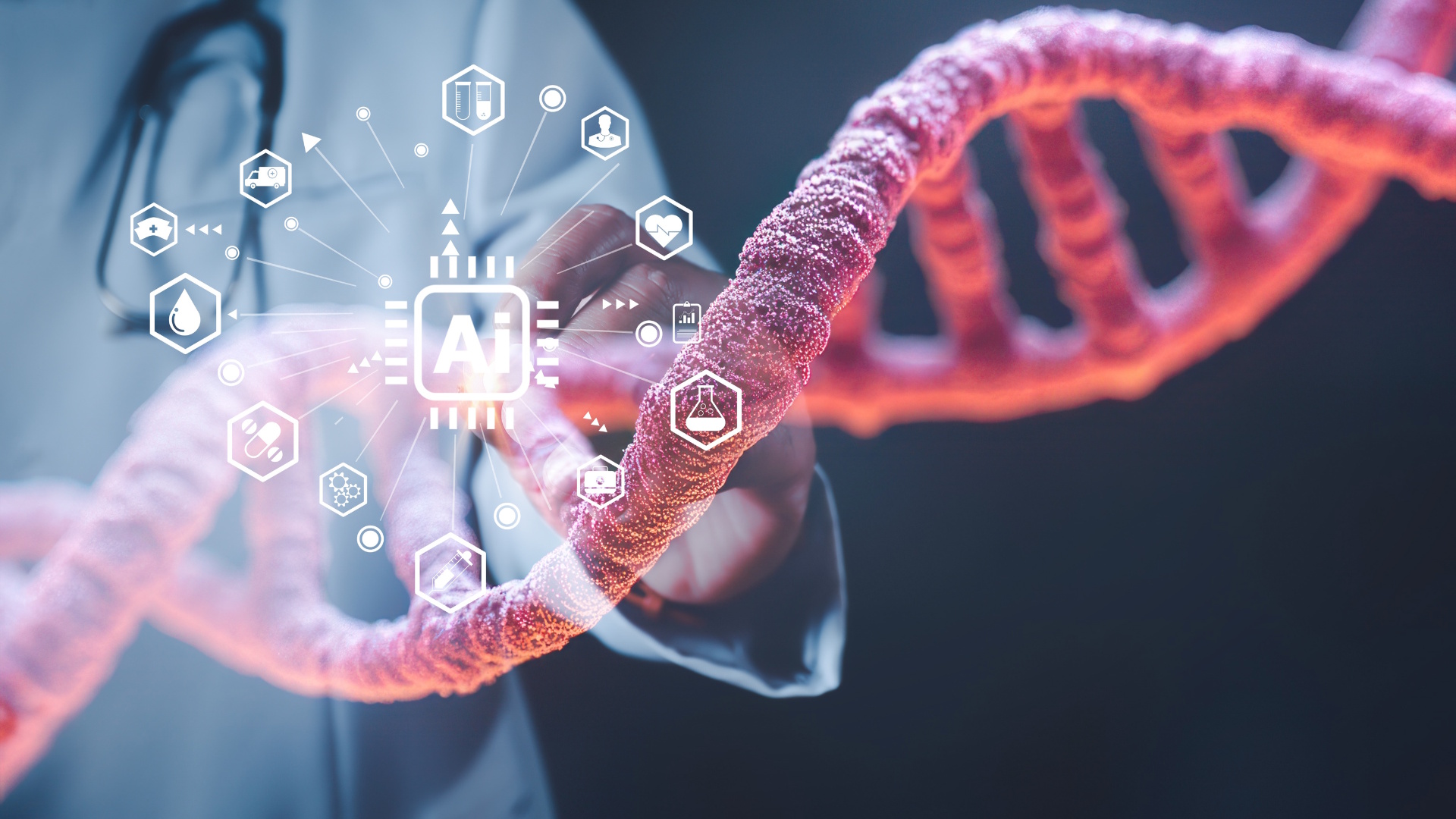 Image of the scientist on the background and DNA chain and various symbols with AI in the center representing implementation in all spheres