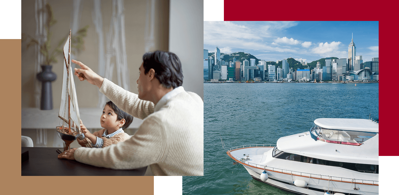 Collage of a father-son with a model sailboat next to a yacht in Victoria Harbour, Hong Kong.