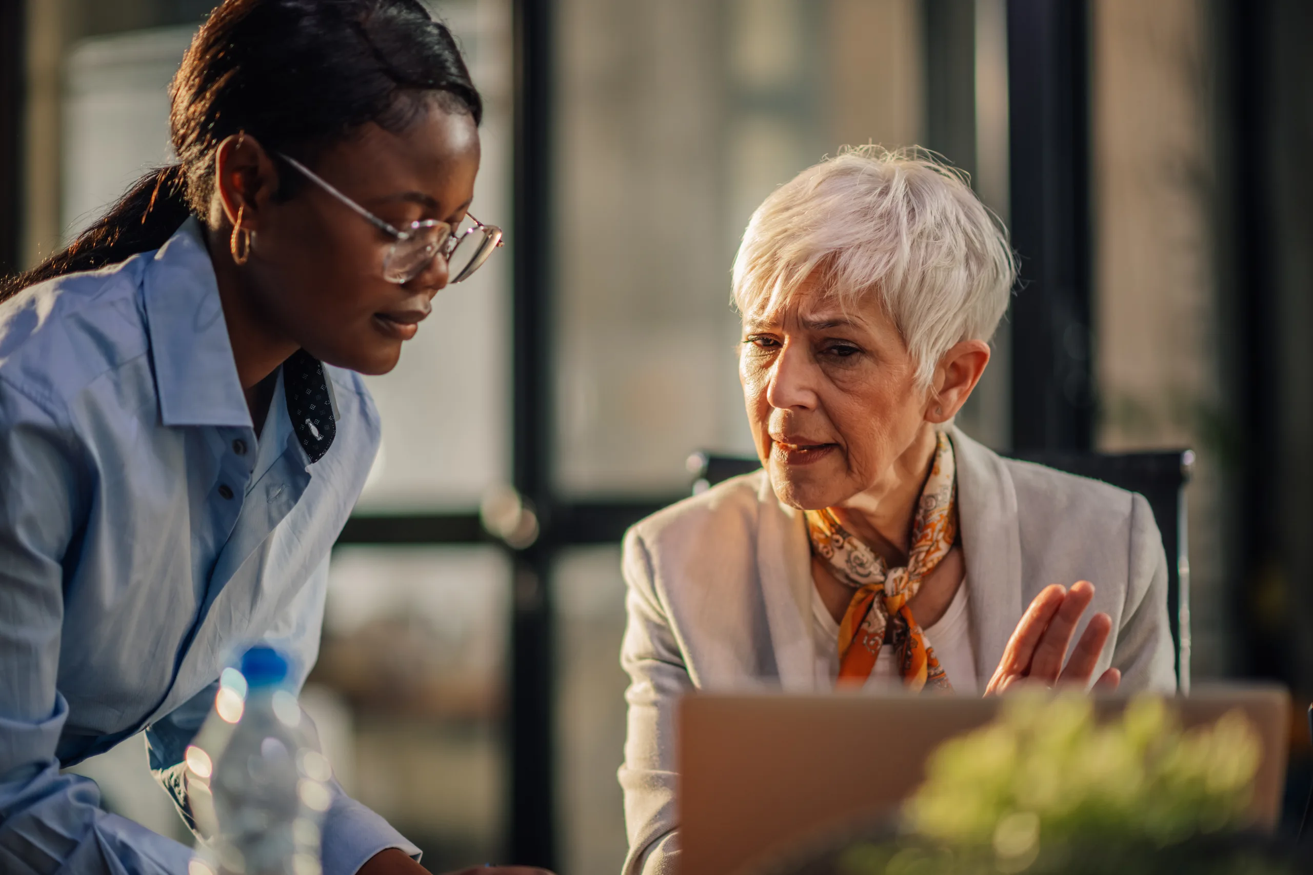 Old lady is explaining topic to a younger employee