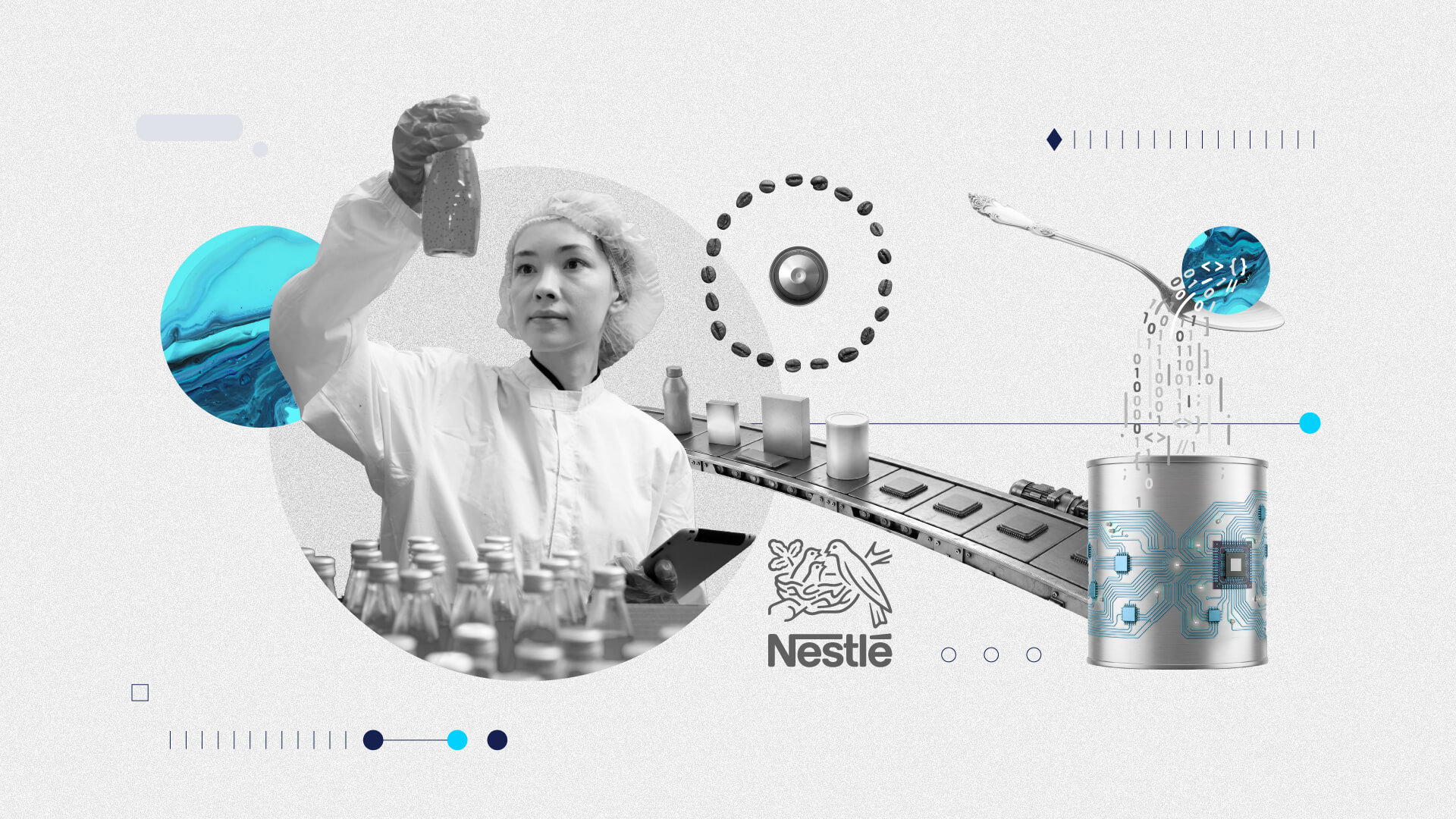 Collage with abstract shapes and graphic images of a food production engineer examining a sample in a bottle factory. Behind her, bottles are on a conveyor belt, with the Nestlé logo, tech graphics, and a futuristic tin.