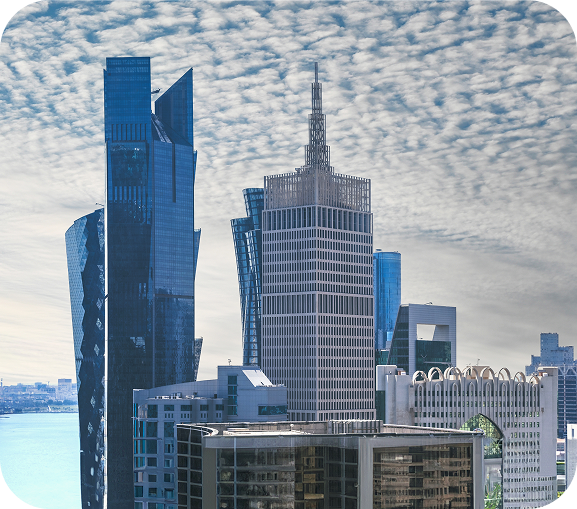 High-angle shot of West Bay skyline skyscrapers in Doha, Qatar.