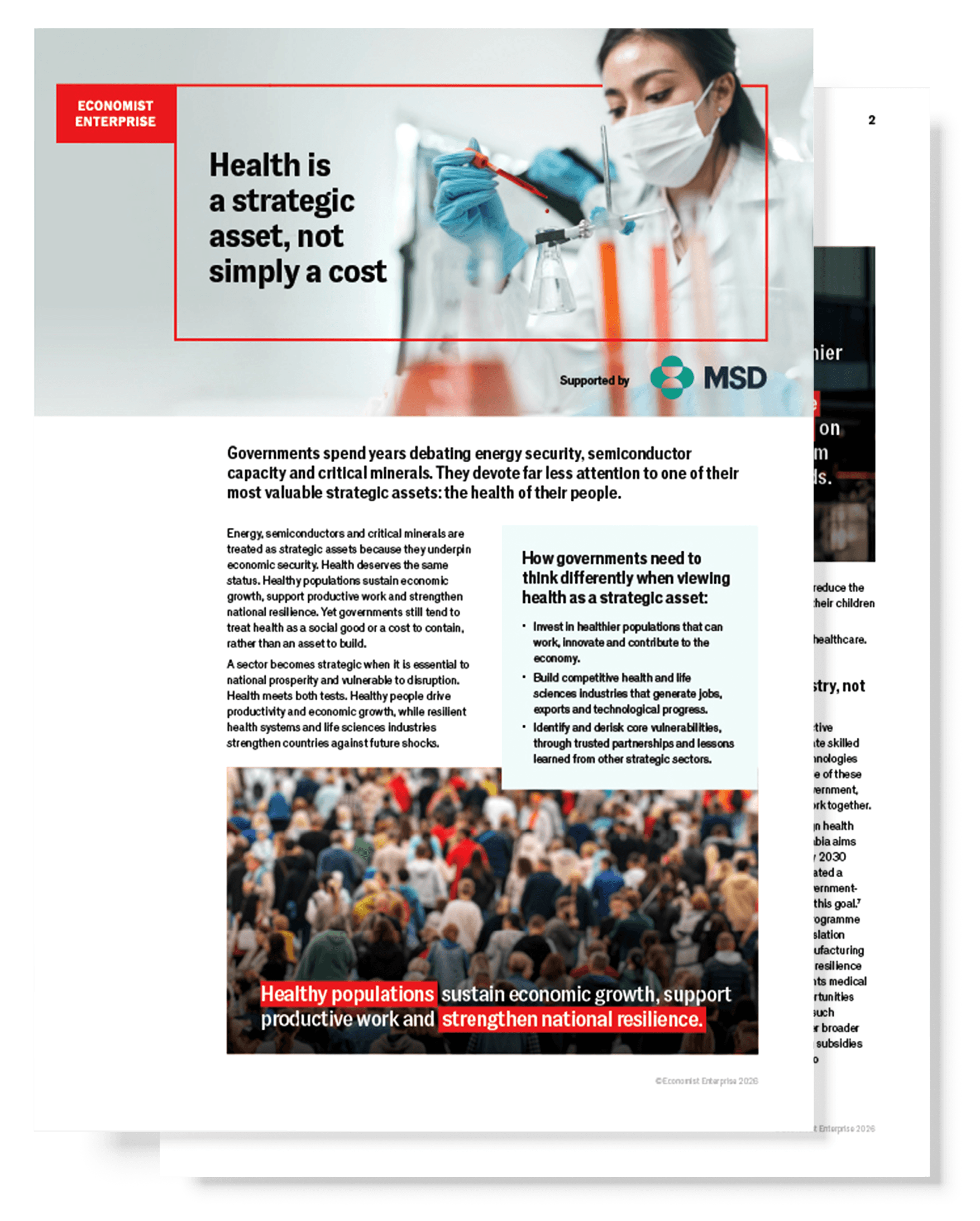 Cover of the Economist Enterprise report titled 'Health is a strategic asset, not simply a cost'