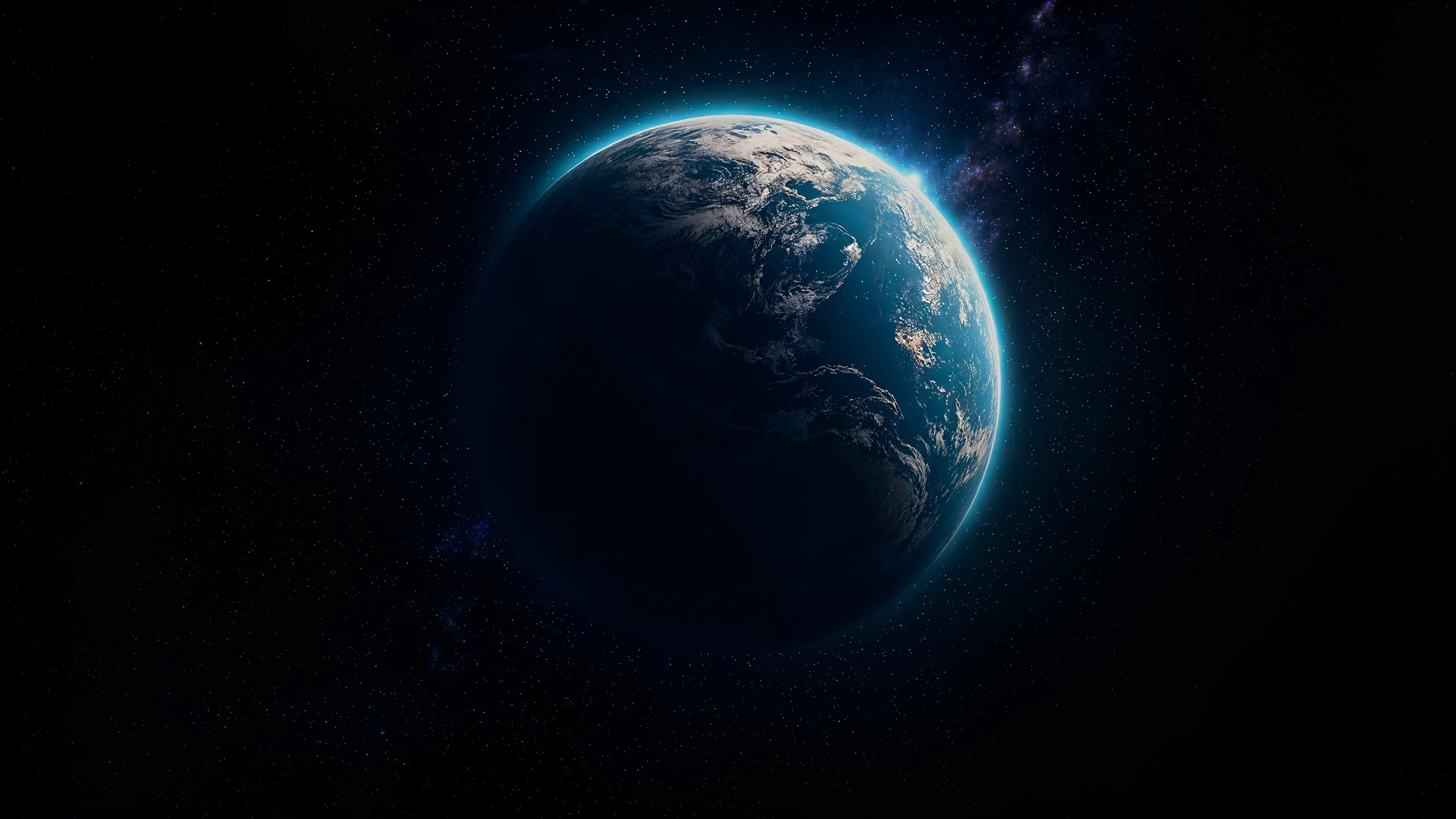 Digital illustration of Earth from space, showing continents partially lit by city lights and atmospheric sunlight along the horizon.