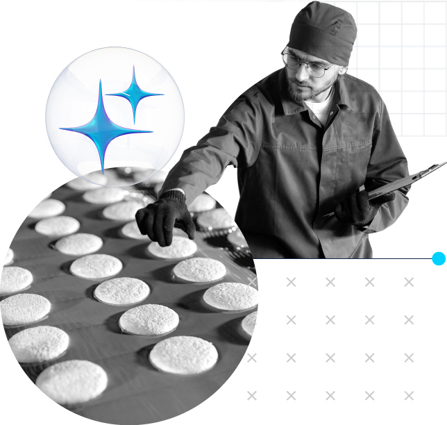 A collage illustration of a food production manager inspecting rows of food items on a tray, holding a clipboard. A sparkle icon suggests AI enabled production line and quality.