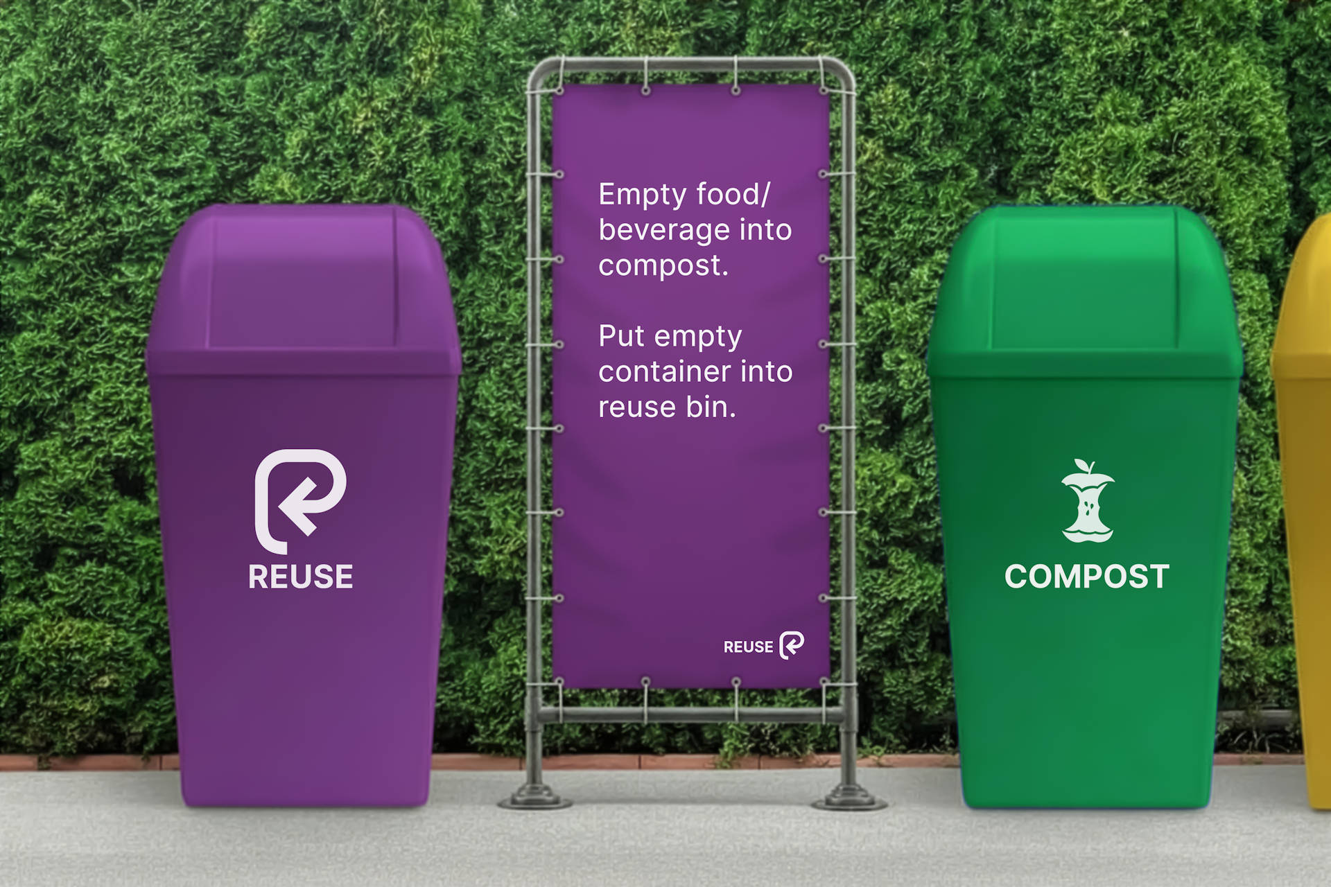 Plants in the pots and boxes with recycling symbols