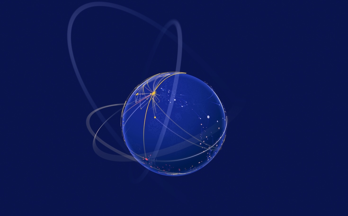 An illustration of a glowing blue globe showing interconnected digital lines and nodes, symbolizing worldwide telecommunications and data transfer networks against a dark blue background.