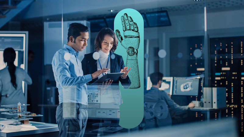 Man and woman, looking at digital tablet in the laboratory