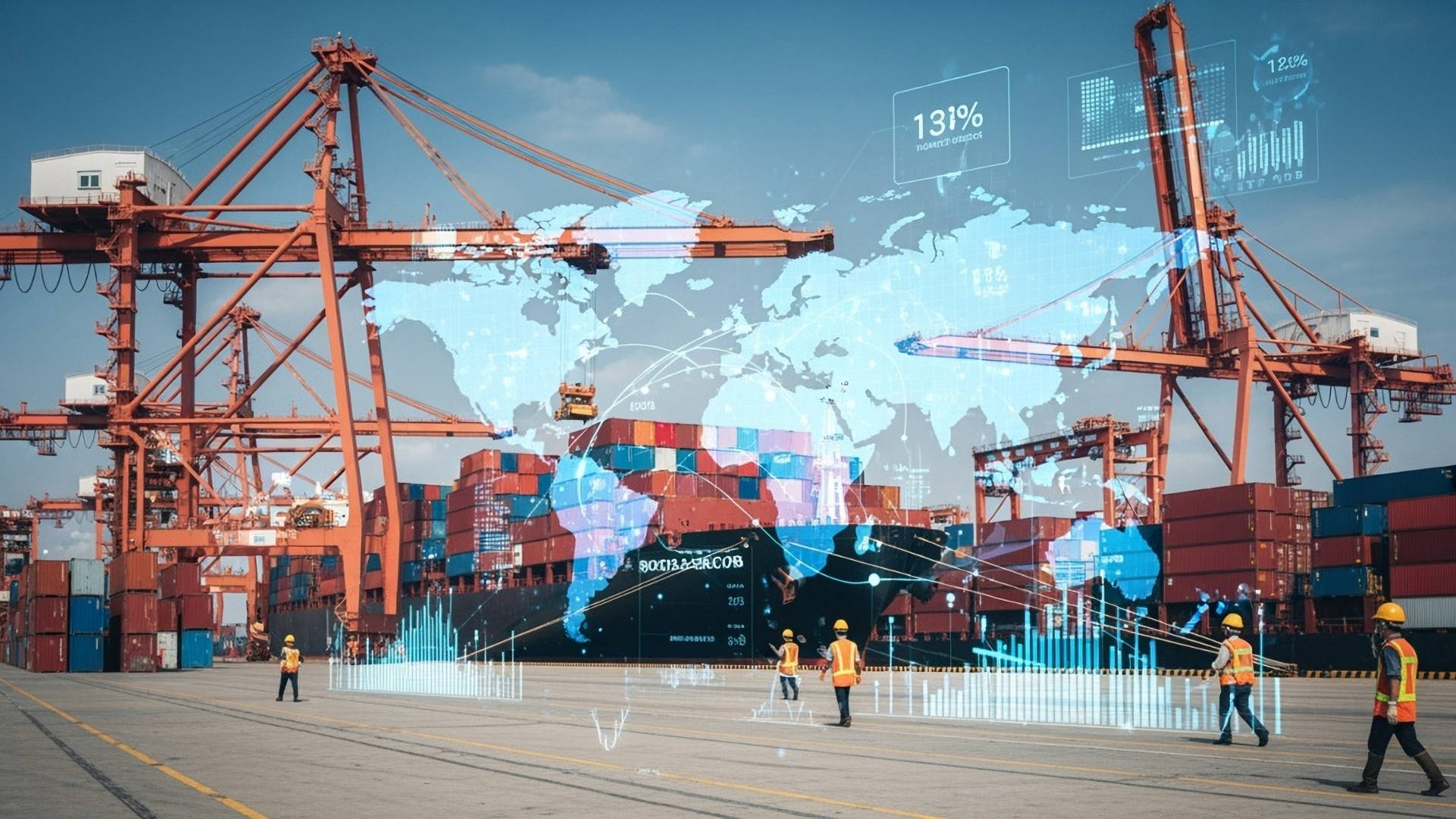 Collage image of seaport with cargo ship and blue holographic image of world map with some charts and stats